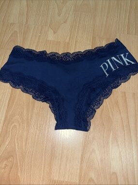 PINK Lace Trim Cheeky Navy Panty M